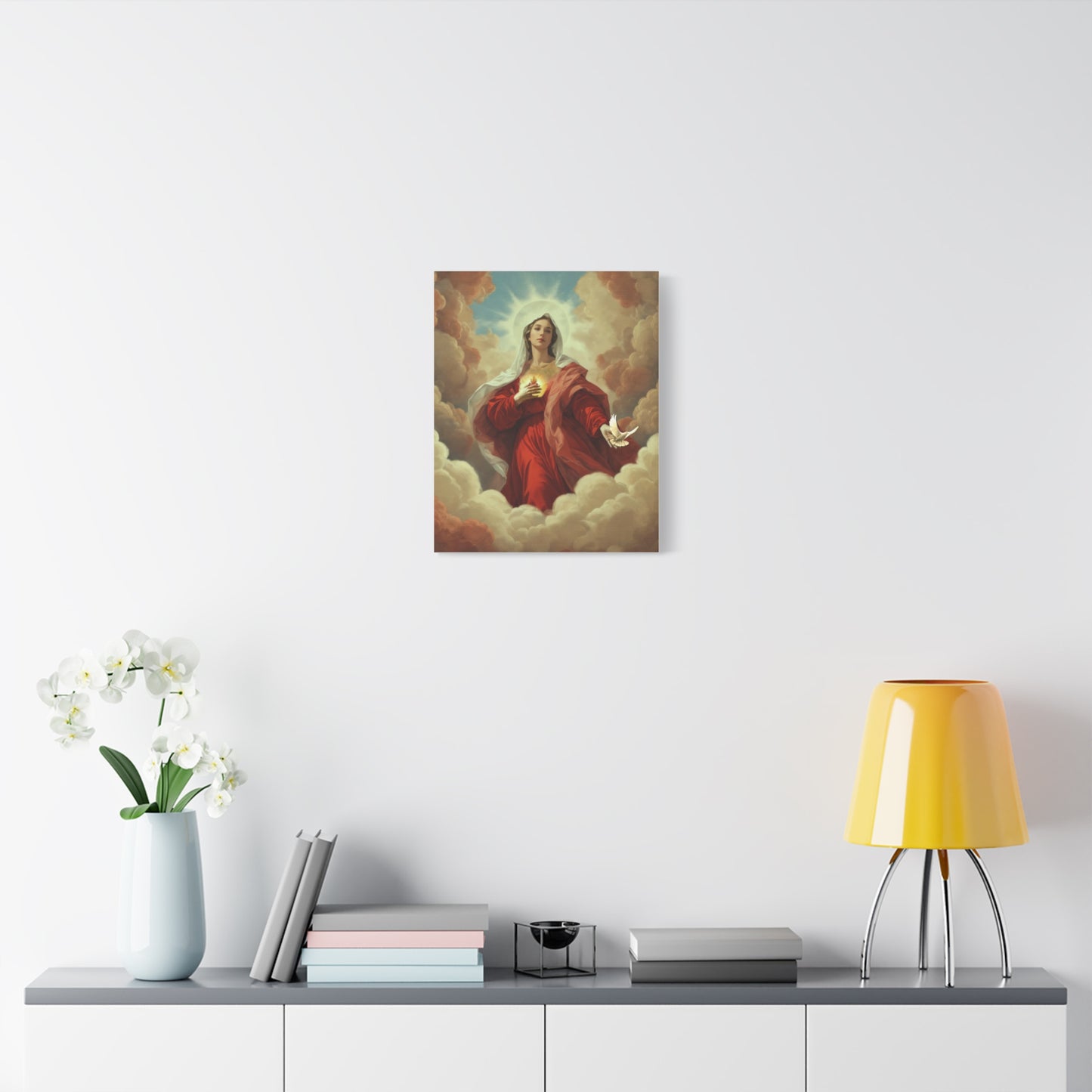 Mother Mary with Dove Heaven Catholic Canvas Wall Art, Christian Decor