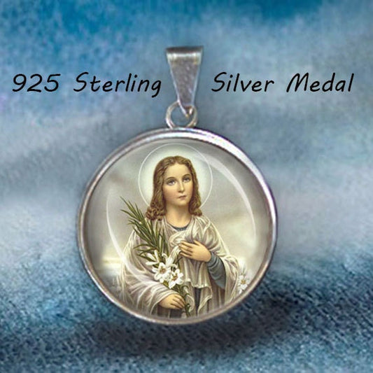St. Maria Goretti Religious Christian Medal. Sterling Silver 925 Medal. Genuine Silver Christian Pendant 20mm