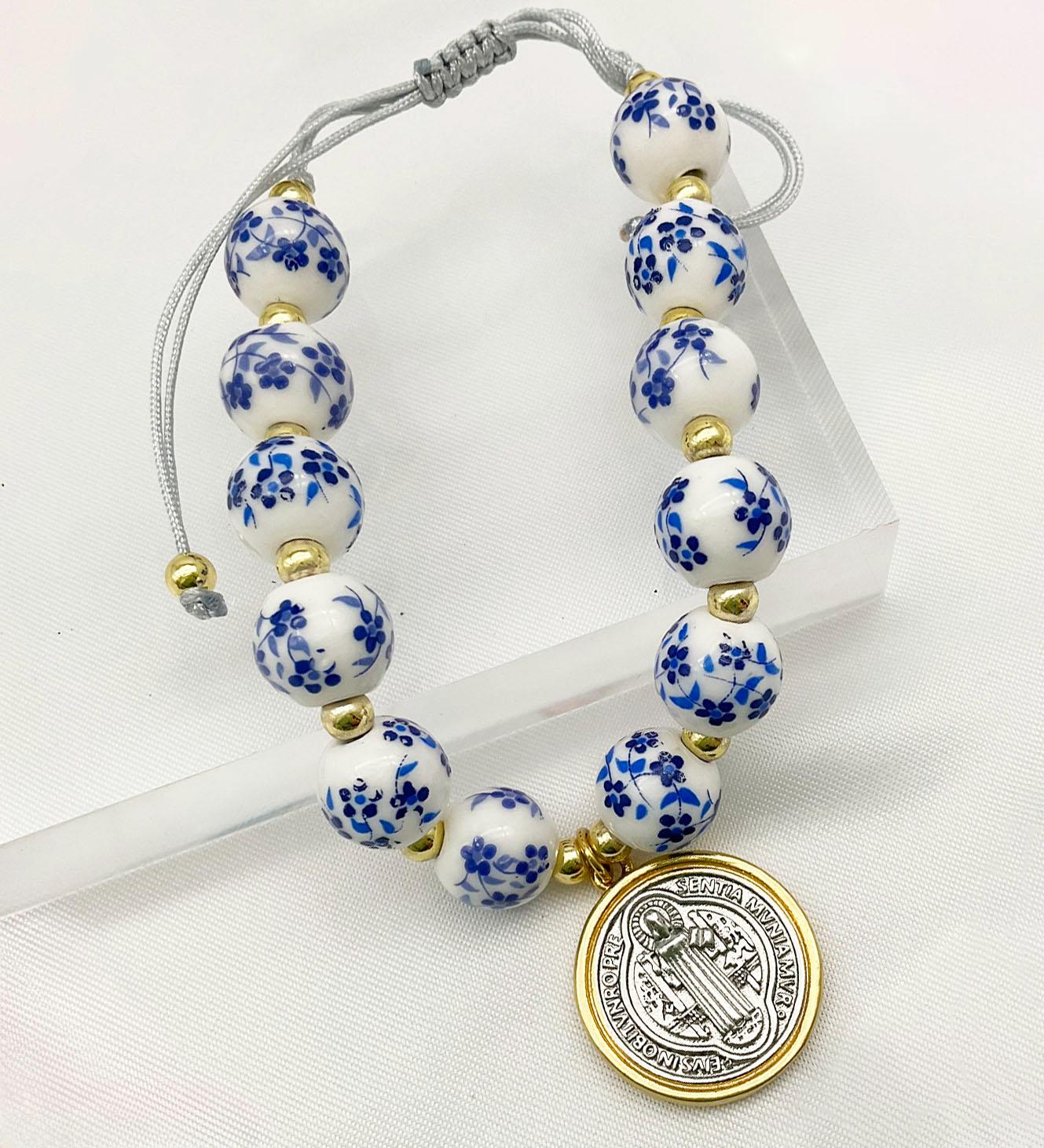 Saint Benedict Pendant Charm Bracelet - Porcelain Beaded Catholic Bracelet, Blue and White Floral Design, Adjustable Cord 18K Gold Plated