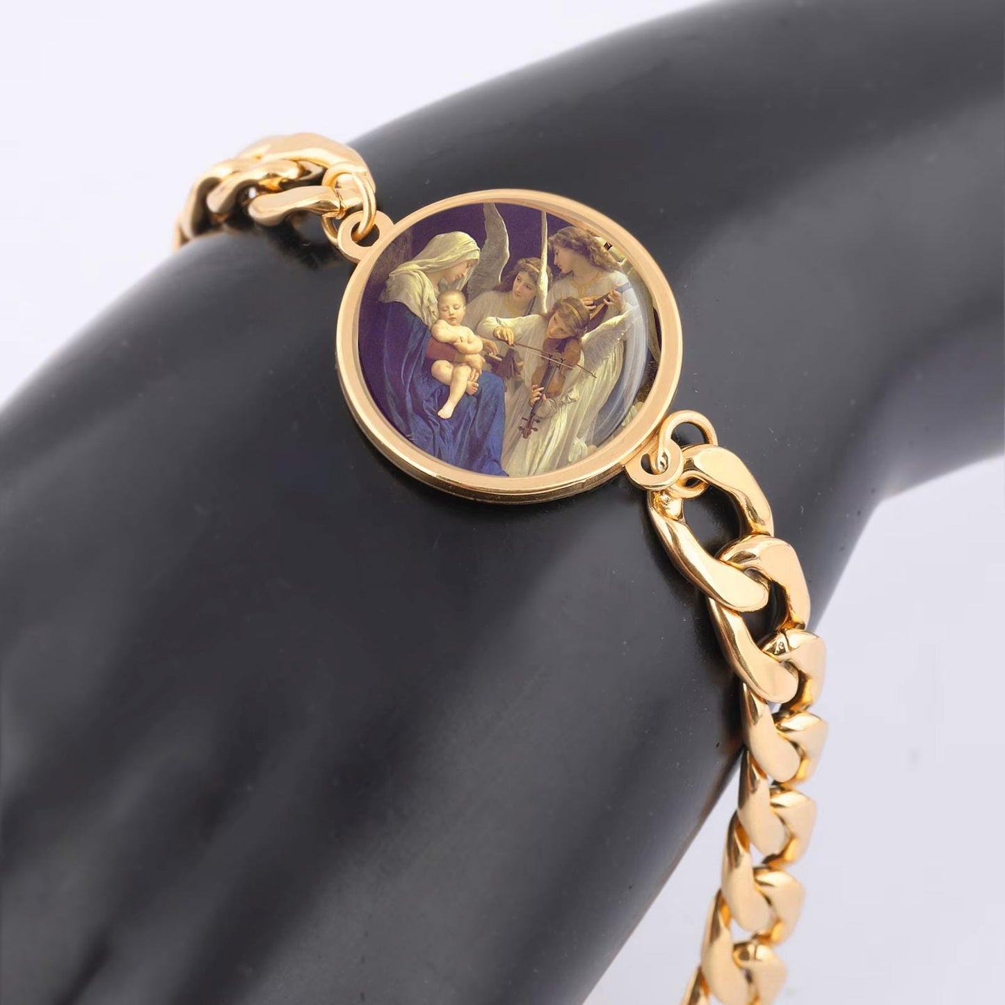 Our Lady Song Of The Angels Curb Bracelet Gold or Silver tone Religious Jewelry Simple Chain