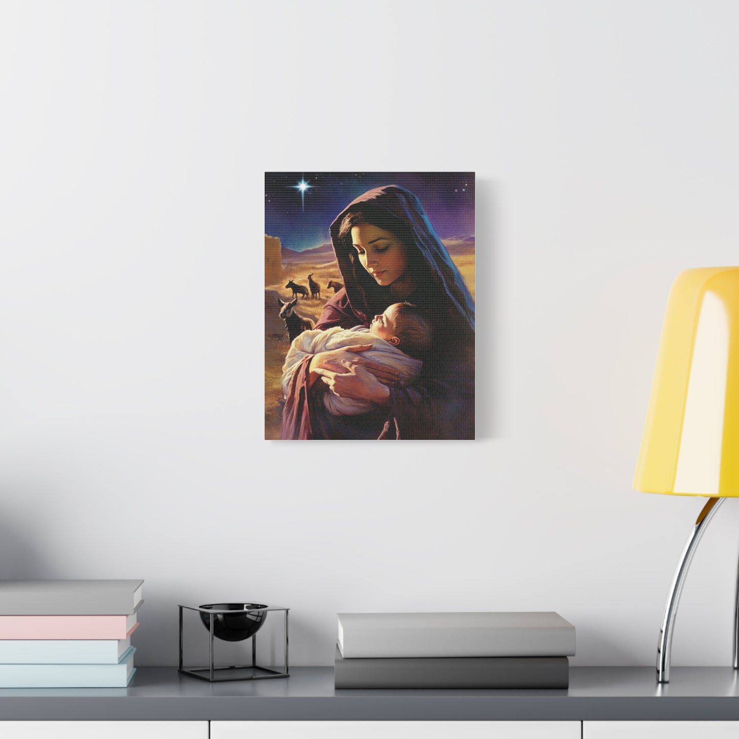 Mother Mary and Newborn Jesus Nativity Star Catholic Canvas Wall Art, Christian Decor