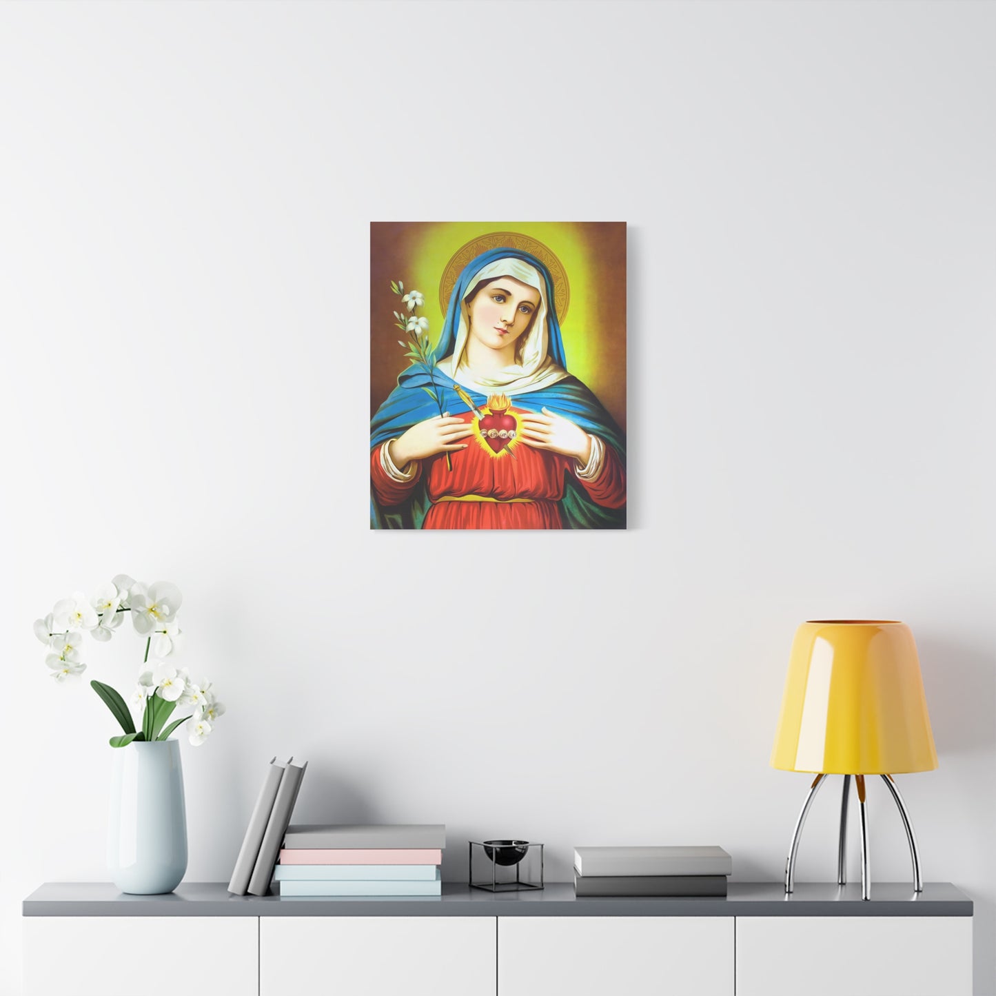 Ready To Hang - Mother Mary Immaculate Heart and Lilies Catholic Canvas Wall Art, Christian Decor