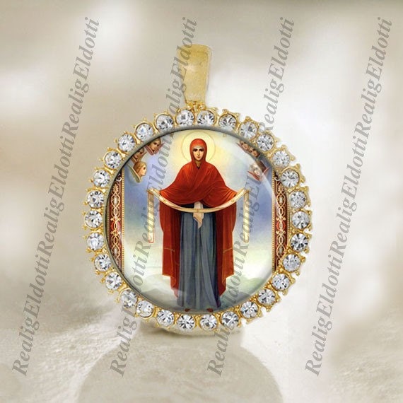 Theotokos Virgin Mary The Holy Protection Religious Christian Gold Medal Cabochon