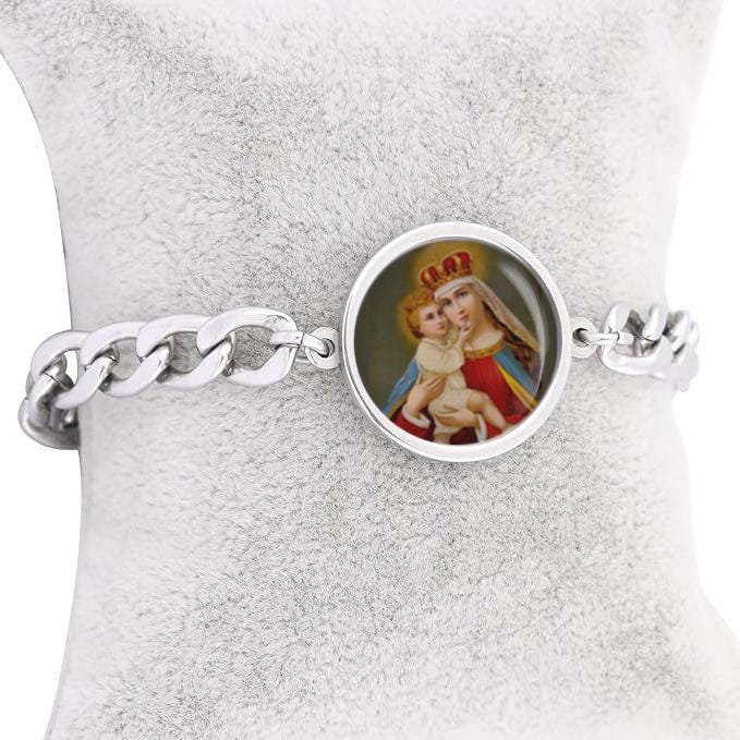 Our Lady Queenship Of Mary Mary Curb Bracelet Gold or Silver tone Religious Jewelry Simple Chain
