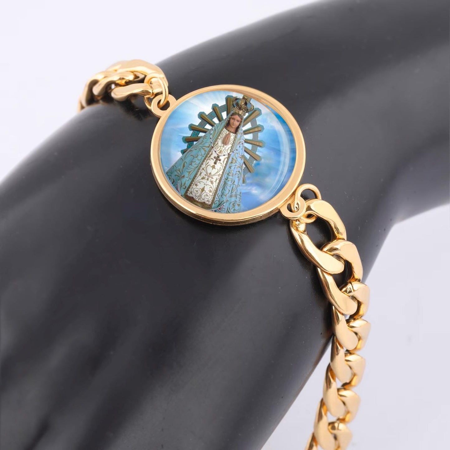 Our Lady Lujan Mary Curb Bracelet Gold or Silver tone Religious Jewelry Simple Chain