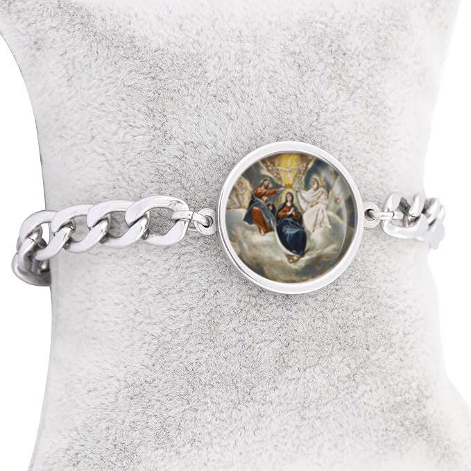 Our Lady Coronation Of The Virgin Mary Curb Bracelet Gold or Silver tone Religious Jewelry Simple Chain