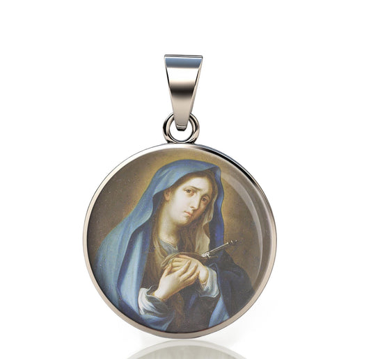 Our Lady Dolorosa Sorrows 925 Sterling Silver Round Pendant Christian Religious Medal Small 20mm