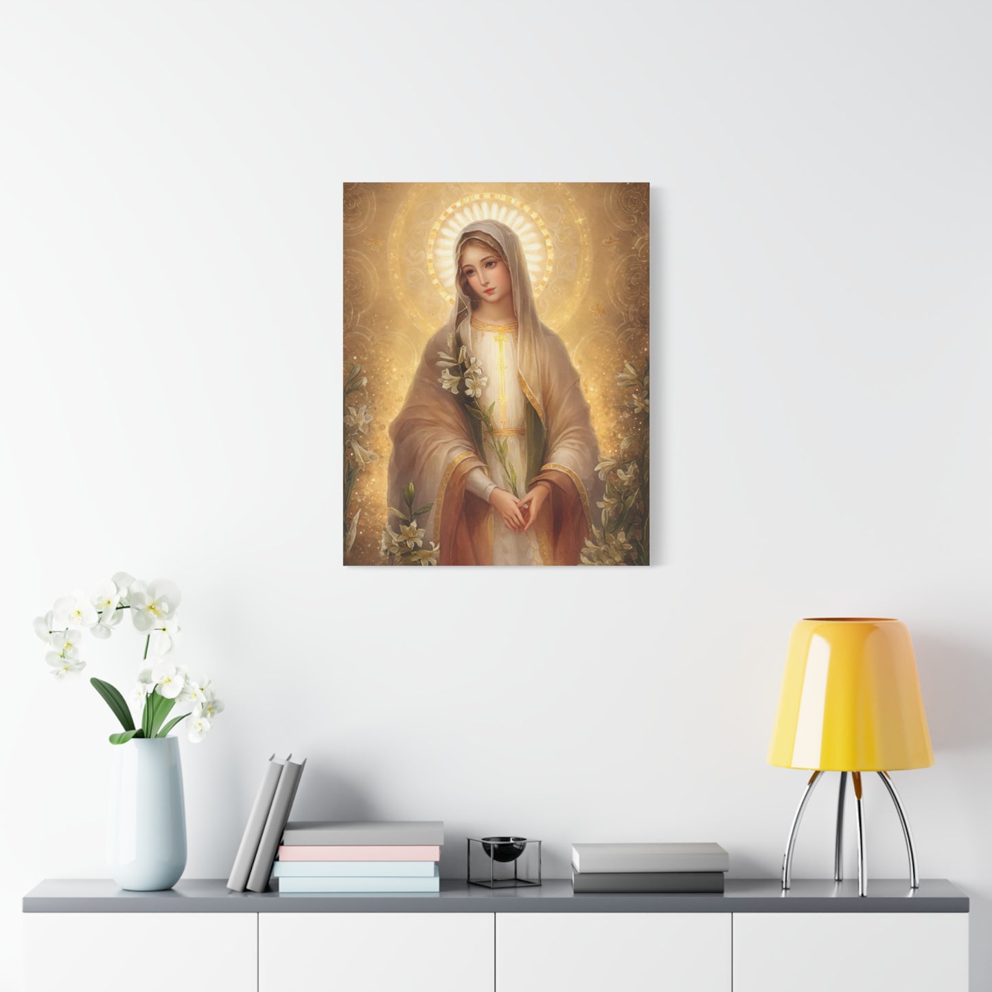 Ready to Hang - Mother Mary Our Lady of the Lilies Catholic Canvas Wall Art, Christian Decor