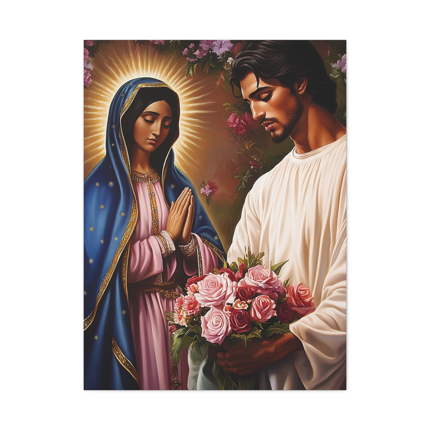 Our Lady Guadalupe and St. Juan Diego Full of Roses Catholic Canvas Wall Art, Christian Decor