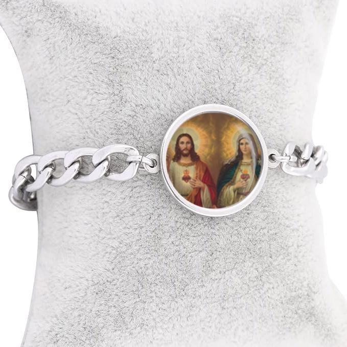 Our Lady Immaculate And Sacred Heart Jesus Curb Bracelet Simple Chain