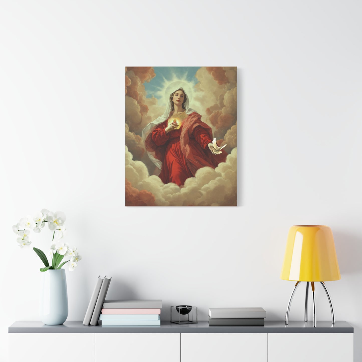 Mother Mary with Dove Heaven Catholic Canvas Wall Art, Christian Decor