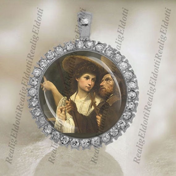 St Roch and the Angel Christian Catholic Silver Tone Medal Cabochon Pendant