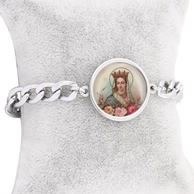 Our Lady Queen Of The Most Holy Rosary Mary Curb Bracelet Gold or Silver tone Religious Jewelry Simple Chain