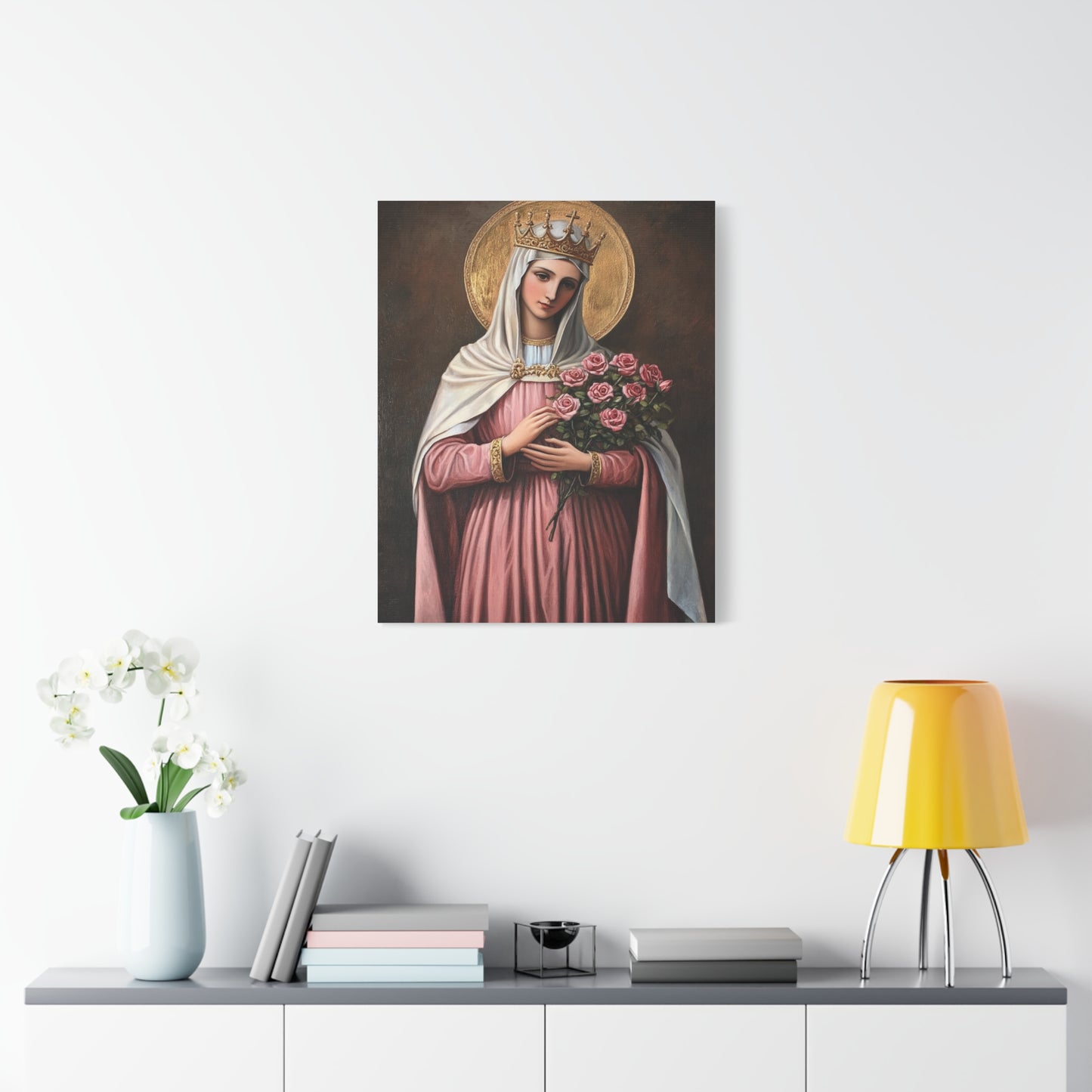 St. Elizabeth of Hungary with Roses Catholic Canvas Wall Art, Christian Decor
