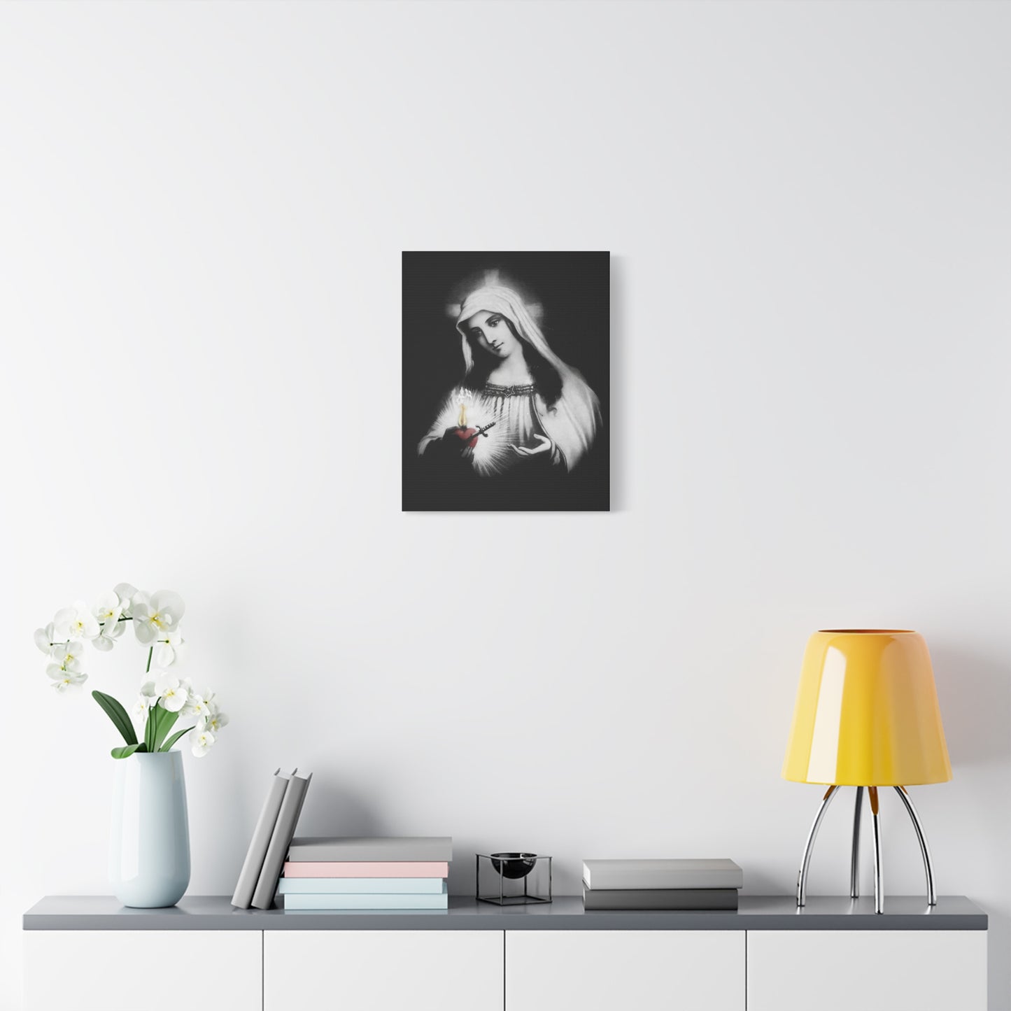 Ready To Hang - Mother Mary Immaculate Heart Catholic Sorrowful Mary Canvas Wall Art, Christian Decor Black and White