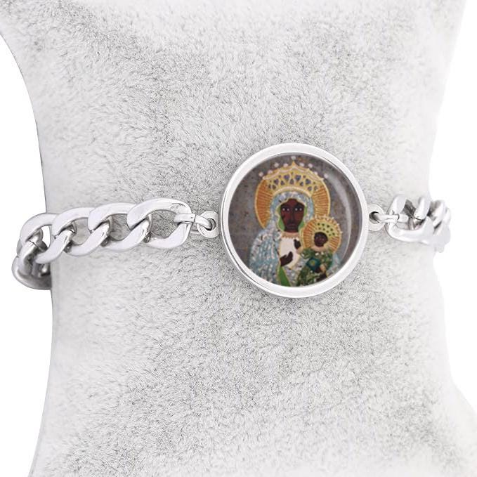 Our Lady Czestochowa Queen And Protector Of Poland A Black Madonna Icon Curb Bracelet Gold or Silver tone Religious Jewelry Simple Chain