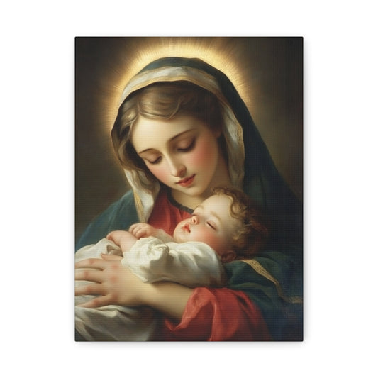 Mary and Sleeping Baby Jesus Catholic Canvas Wall Art, Christian Decor