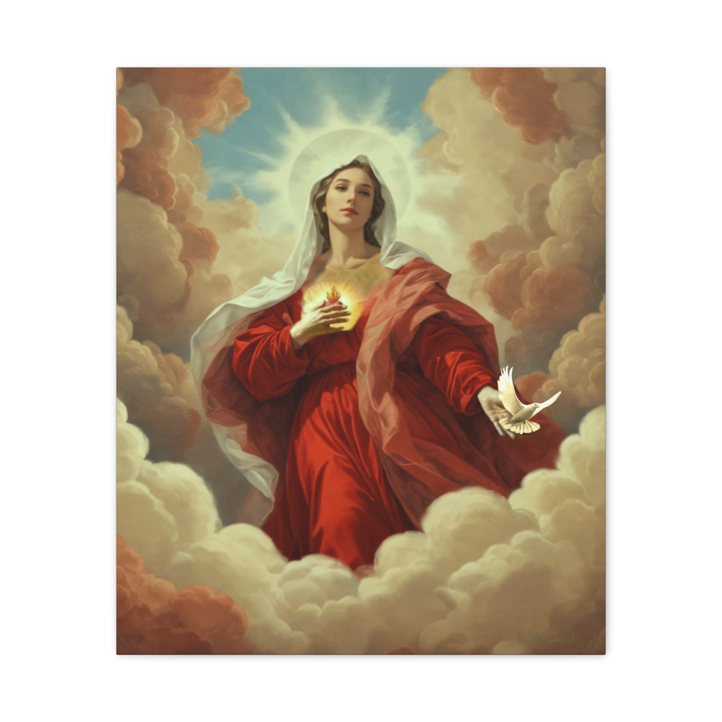Mother Mary with Dove Heaven Catholic Canvas Wall Art, Christian Decor
