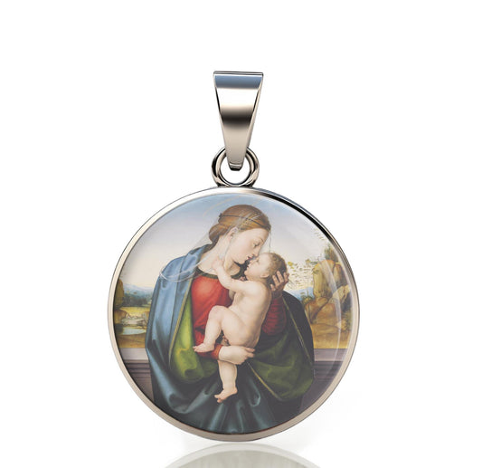 Our Lady Madonna And Child 925 Sterling Silver I Round Pendant Christian Religious Medal Small 20mm