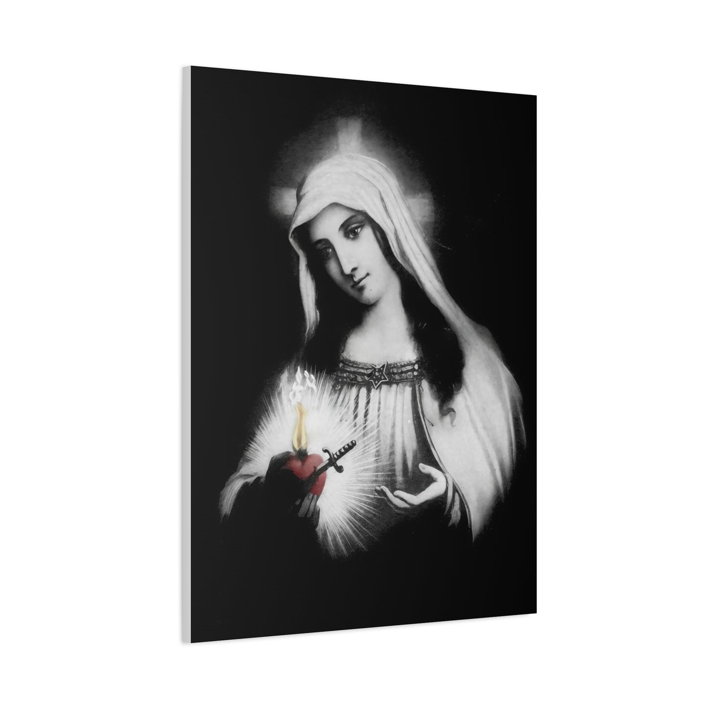 Ready To Hang - Mother Mary Immaculate Heart Catholic Sorrowful Mary Canvas Wall Art, Christian Decor Black and White