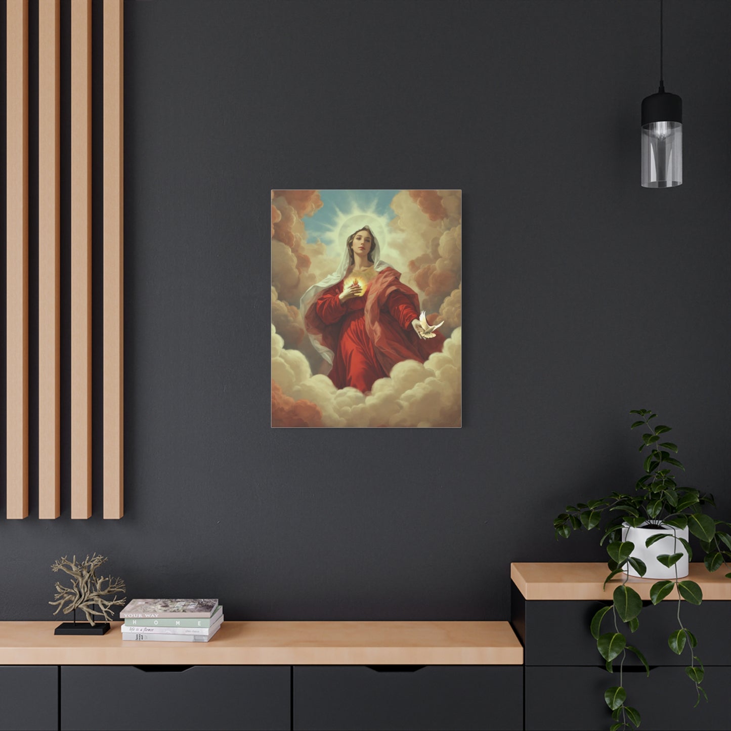 Mother Mary with Dove Heaven Catholic Canvas Wall Art, Christian Decor