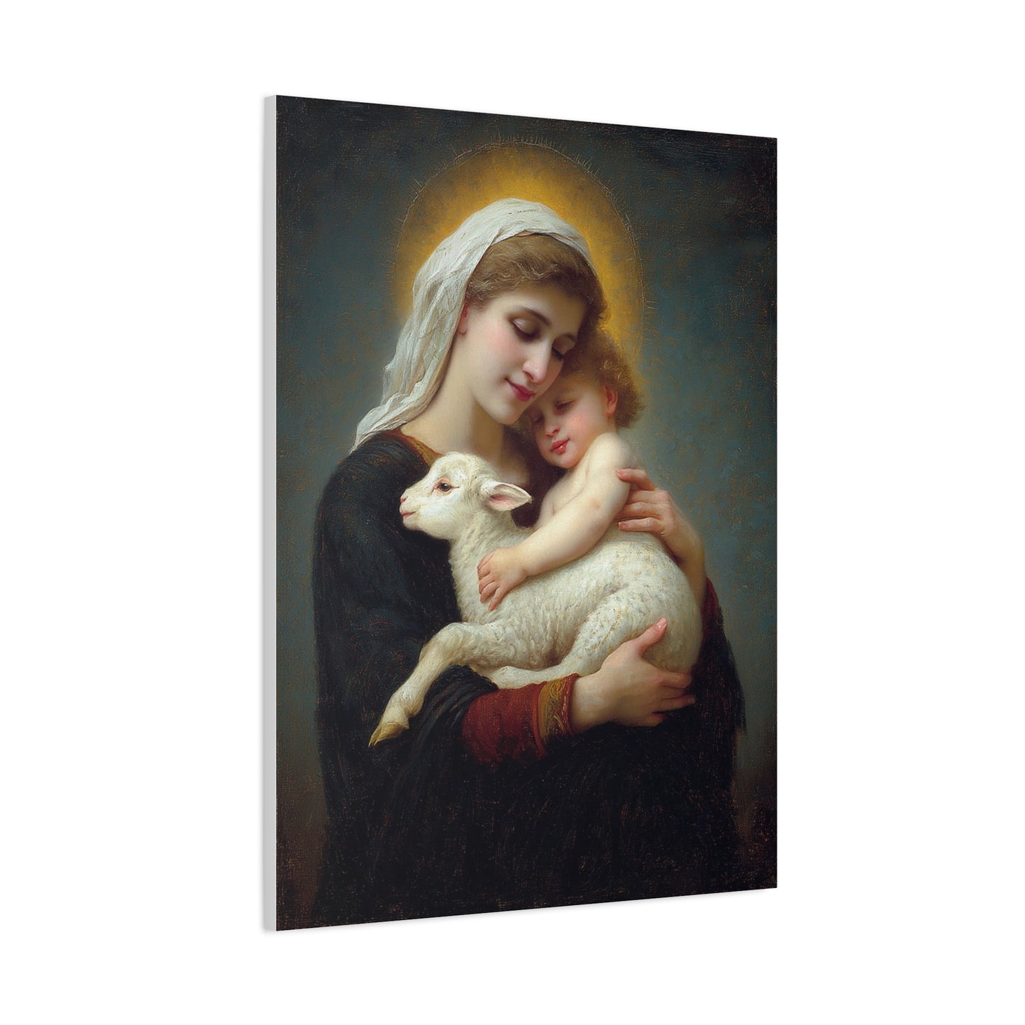 Mother Mary with Baby Jesus and Lamb Catholic Canvas Wall Art, Christian Decor