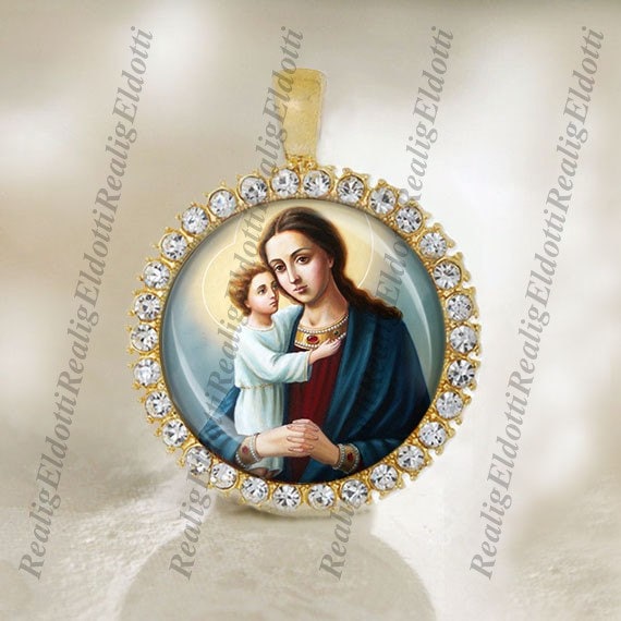 Virgin Mary and Baby Jesus Religious Christian Orthodox Gold Medal Cabochon