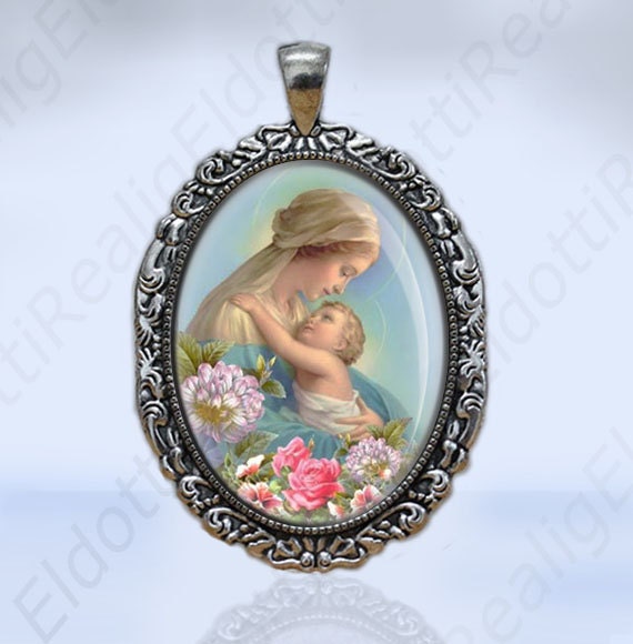 Most Holy Mother Virgin Mary and Baby Jesus w Flowers Catholic Christian Medal Pendant Charm Silvertone Oval Filigree