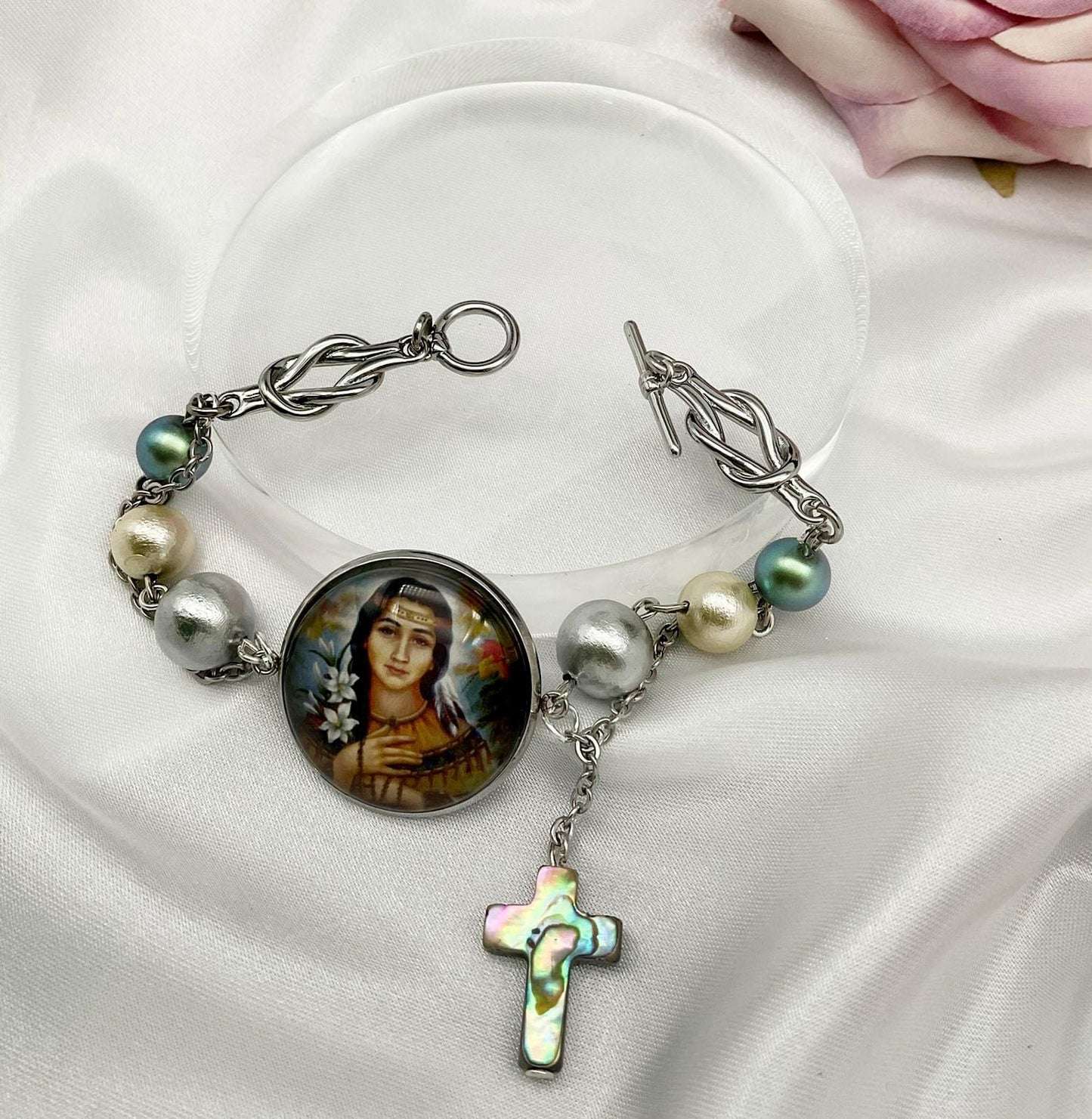 St Kateri Tekakwitha Bracelet - Catholic Bracelet with Cotton and Fresh Water Pearls - Custom Available!