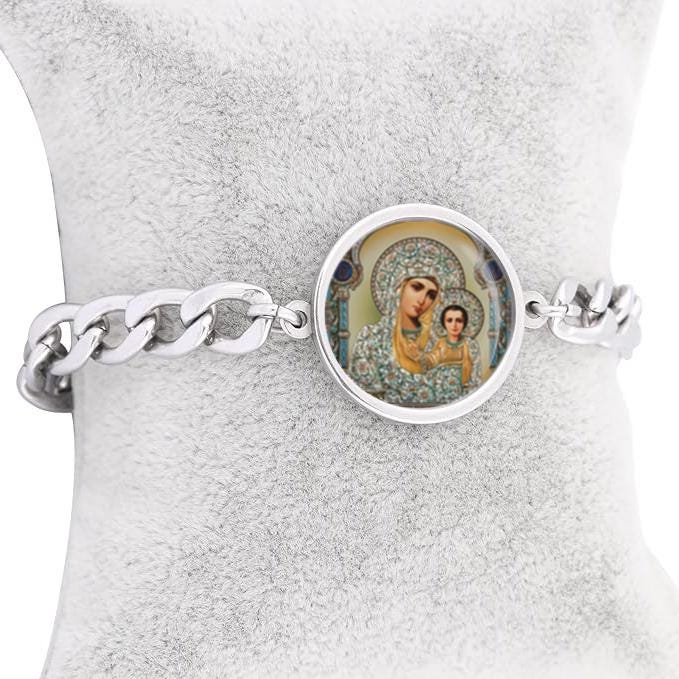 Our Lady Theotokos Curb Bracelet Gold or Silver tone Religious Jewelry Simple Chain