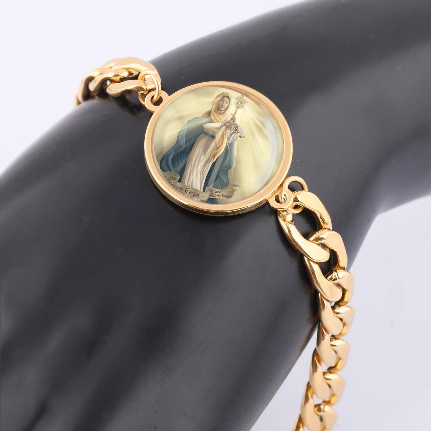 Our Lady Blessed Sacrament Curb Bracelet Gold or Silver tone Religious Jewelry Simple Chain