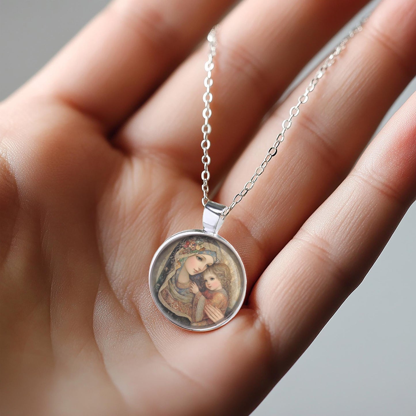 St Anne and Child Mary Catholic Necklace - Saint Ann Patron Pendant Medal.