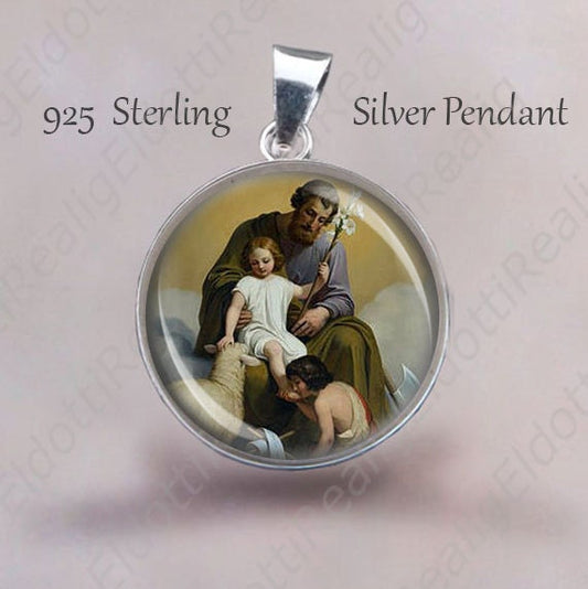 St Joseph, Jesus With John The Baptist Lamb Pendant. Religious Christian Medal 925 Sterling Silver Medal. Religious Christian Jewelry. NEW