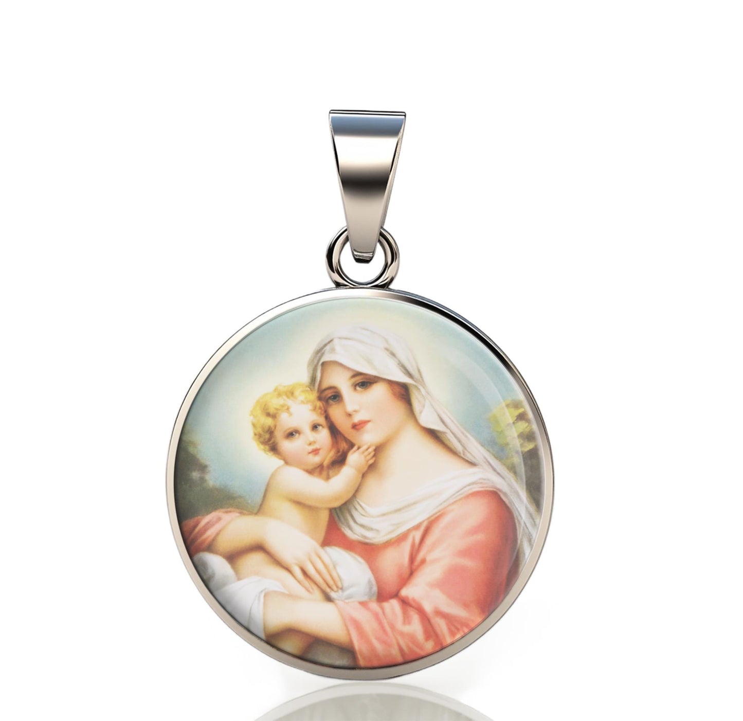 Our Lady Mary 925 Sterling Silver Round VIIPendant Christian Religious Medal Small 20mm