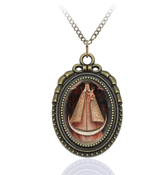 Copacabana with Saint Joseph and Saint Peter Necklace Pendant Jewelry Virgin Mary Medal Oval Style Charm Bronze w Chain