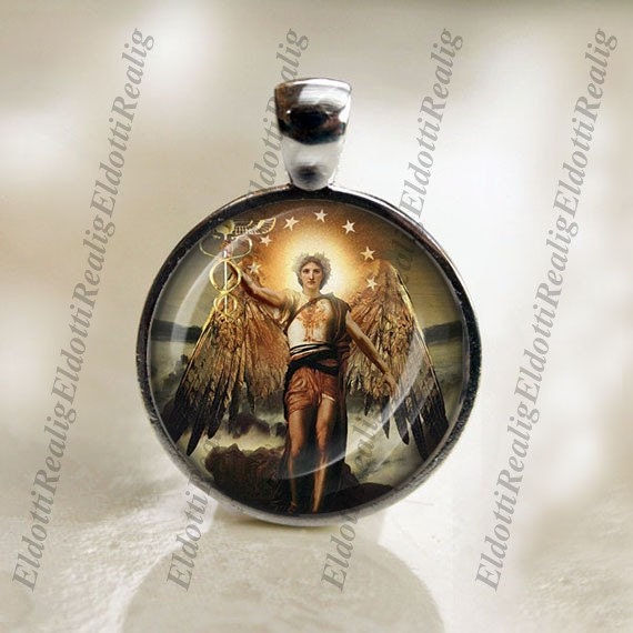 Archangel Ariel Christian Silvertone Medal Pendant Cabochon Religious Jewelry