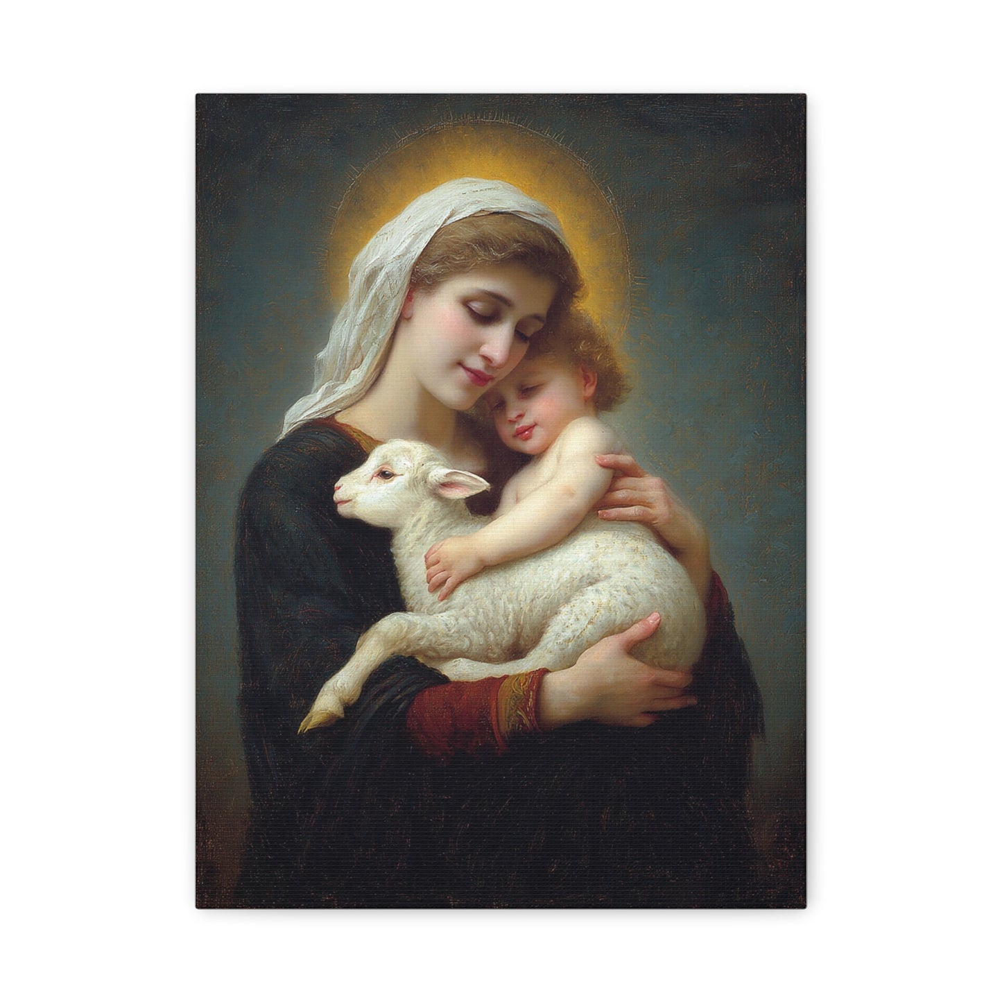 Mother Mary with Baby Jesus and Lamb Catholic Canvas Wall Art, Christian Decor