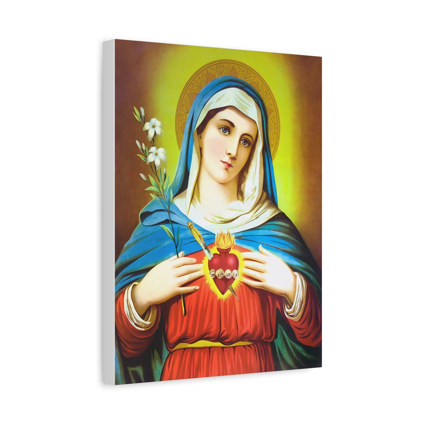 Ready To Hang - Mother Mary Immaculate Heart and Lilies Catholic Canvas Wall Art, Christian Decor