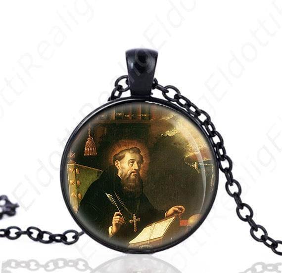 Saint Augustine of Hippo w Book Black Necklace Philosopher Catholic Medal Pendant Chain