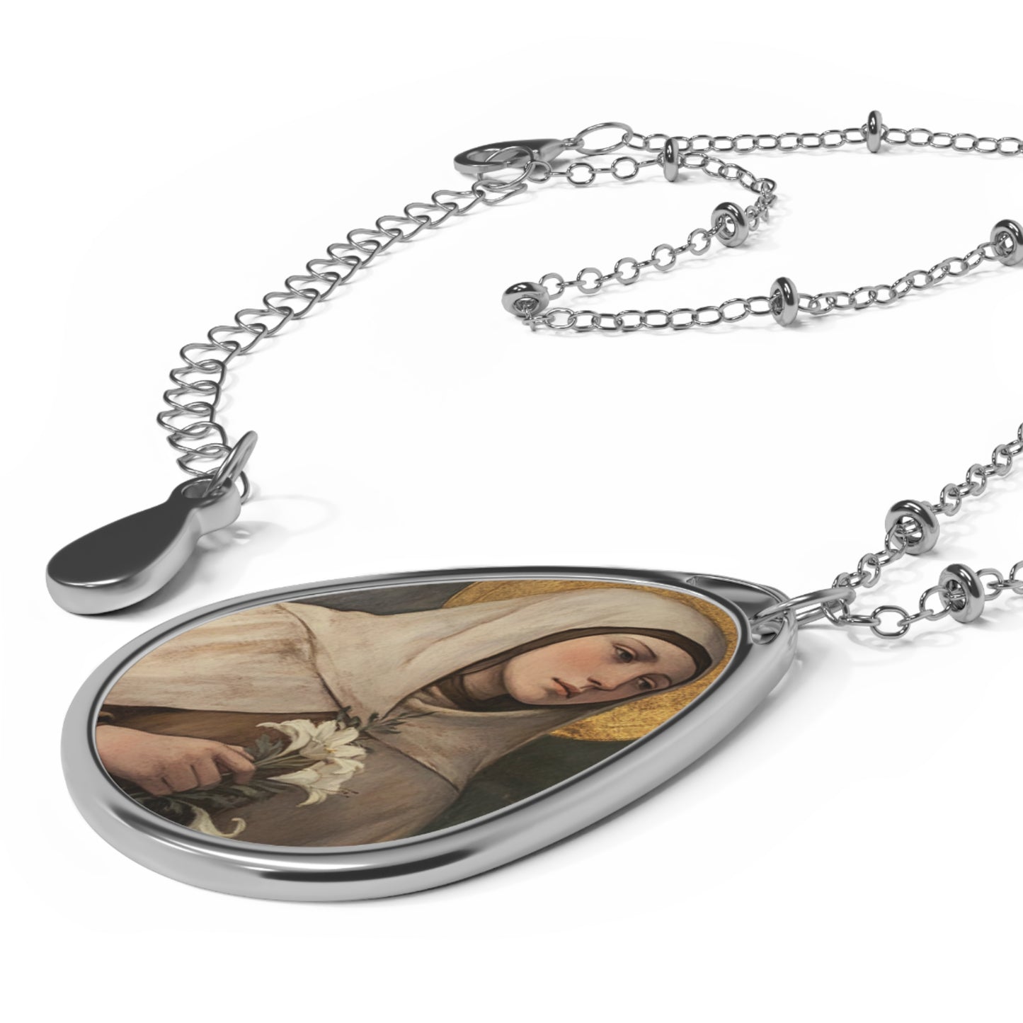 Saint Ada Necklace Drop Oval Pendant Silver Tone Medal