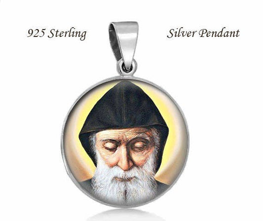 St Charbel Makhlouf Religious Christian Pendant 925 Sterling Silver Medal Round 20mm