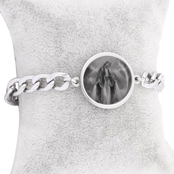 Our Lady Miraculous Black And White Curb Bracelet Gold or Silver tone Religious Jewelry Simple Chain