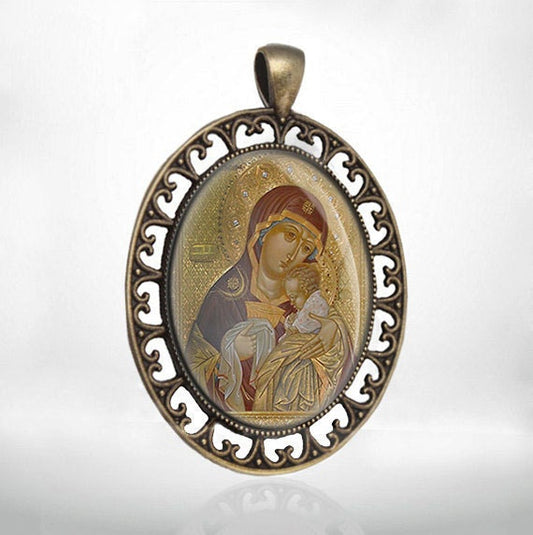 Bowl of Patience Orthodox Theotokos Virgin Mary Christian Bronze Medal Religious Oval  Pendant
