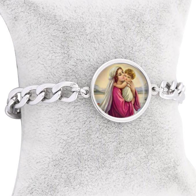 Our Lady Mary with Child Jesus Curb Bracelet Gold or Silver tone Religious Jewelry Simple Chain