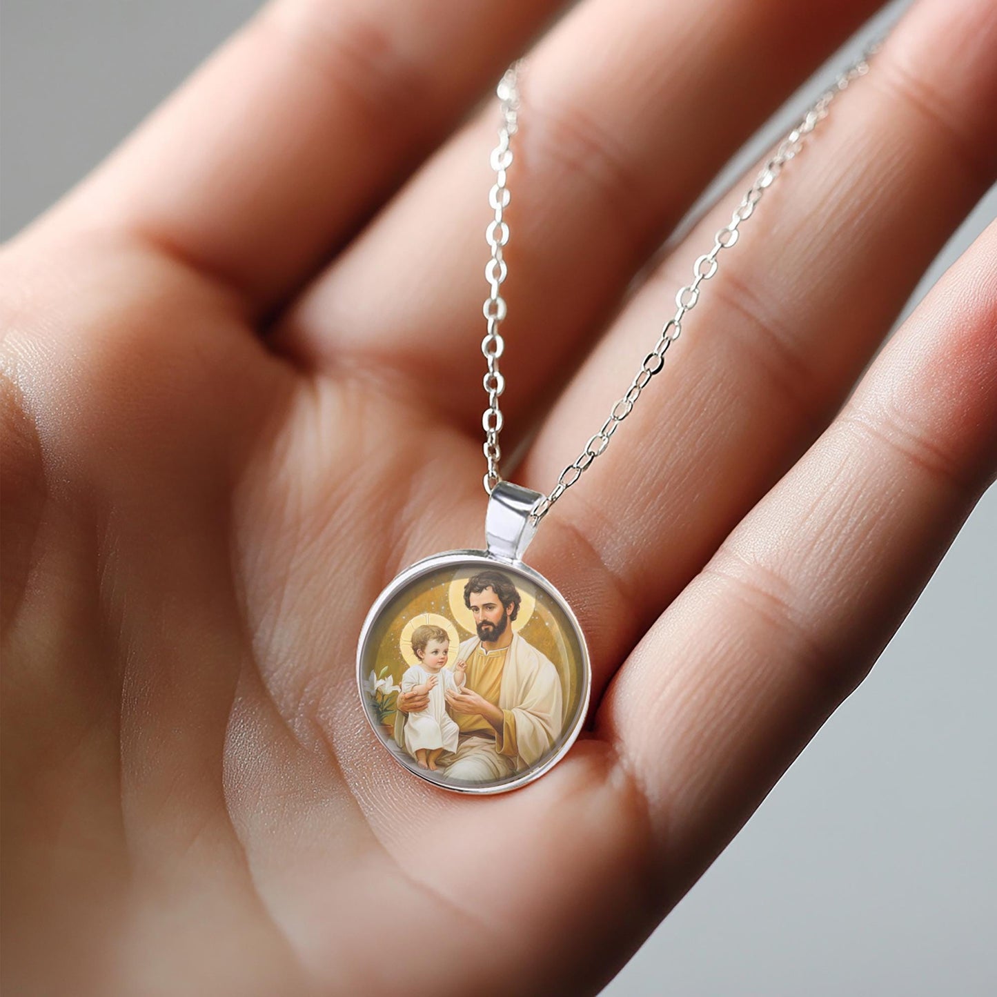 Saint Joseph with Baby Jesus Necklace Medal Religious Pendant