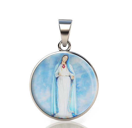 Our Lady Blue Mary 925 Sterling Silver Round Pendant Christian Religious Medal Small 20mm