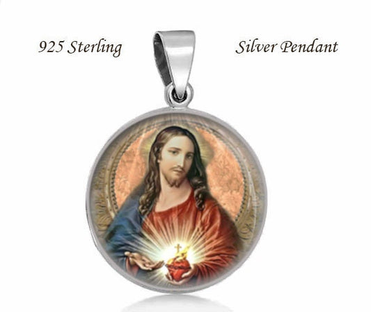 Jesus Sacred Heart Religious Christian Medal. 925 Sterling Silver Pendant Religious Medal Jewelry NEW