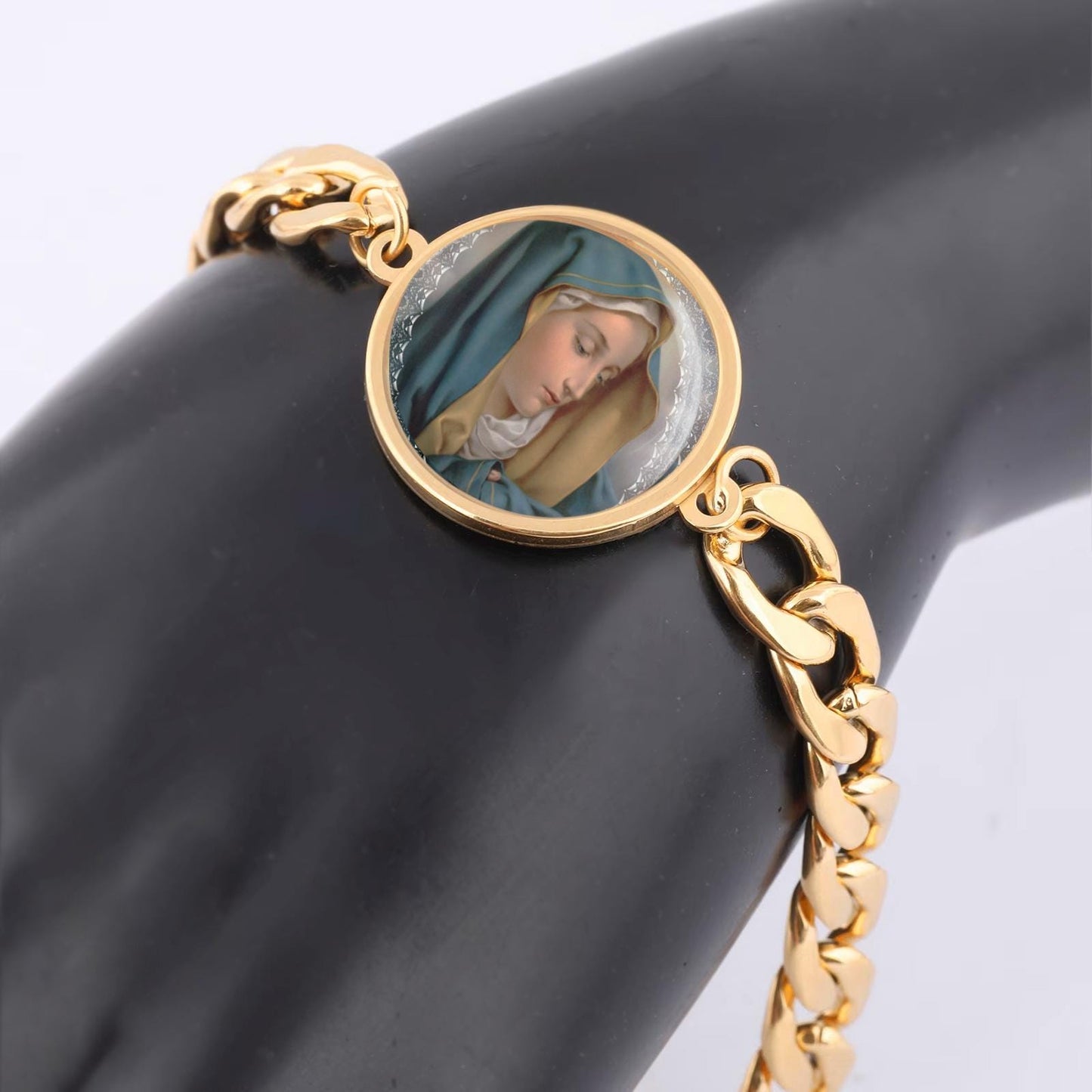 Our Lady Sorrows Curb Bracelet Gold or Silver tone Religious Jewelry Simple Chain