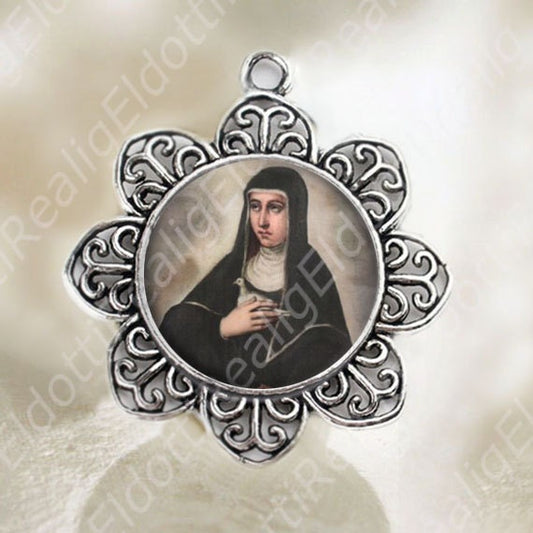 St. Scholastica Medal Catholic Christian Flower Shaped Silver Tone Jewelry