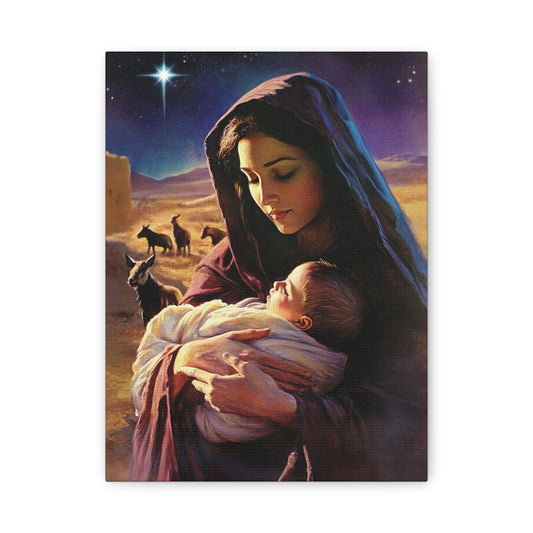 Mother Mary and Newborn Jesus Nativity Star Catholic Canvas Wall Art, Christian Decor